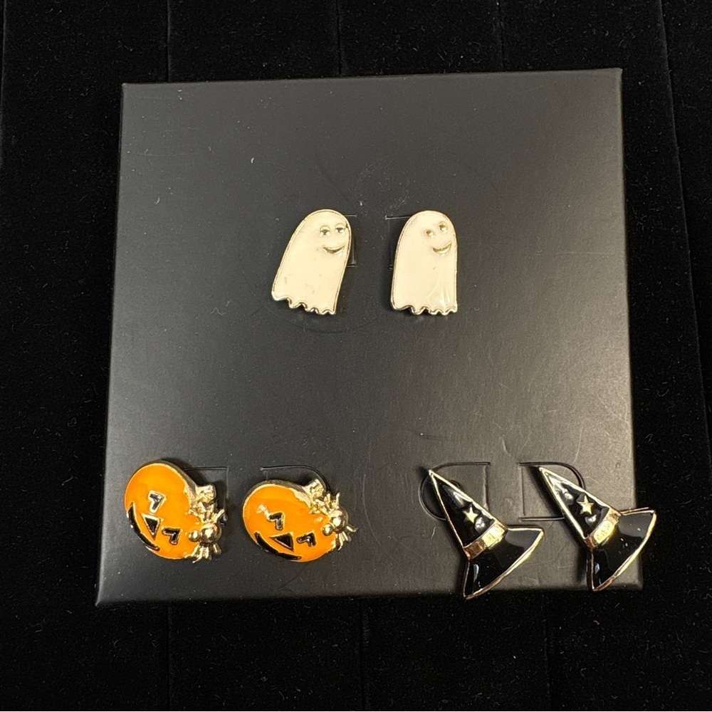NWT Halloween Enamel Stud Earrings 3 Pair Set Ghost Pumpkin Witch Hat